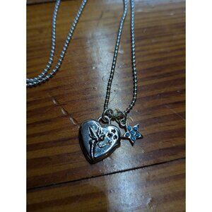 Disney Tink & Aqua Blue stone Star Charm Heart Necklace Silver Vtg Tinkerbell